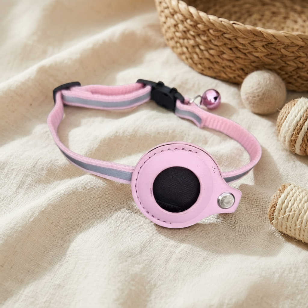 Collier de localisation pour chat Yaisie posé sur un drap en lin beige, à côté d'une petite panière en osier