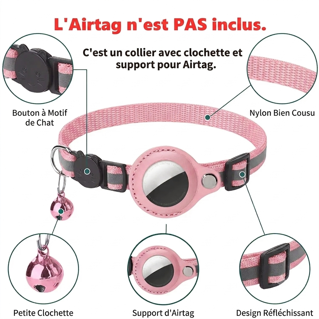 Collier Chat Réfléchissant — Compatible AirTag, Boucle Anti-Étranglement